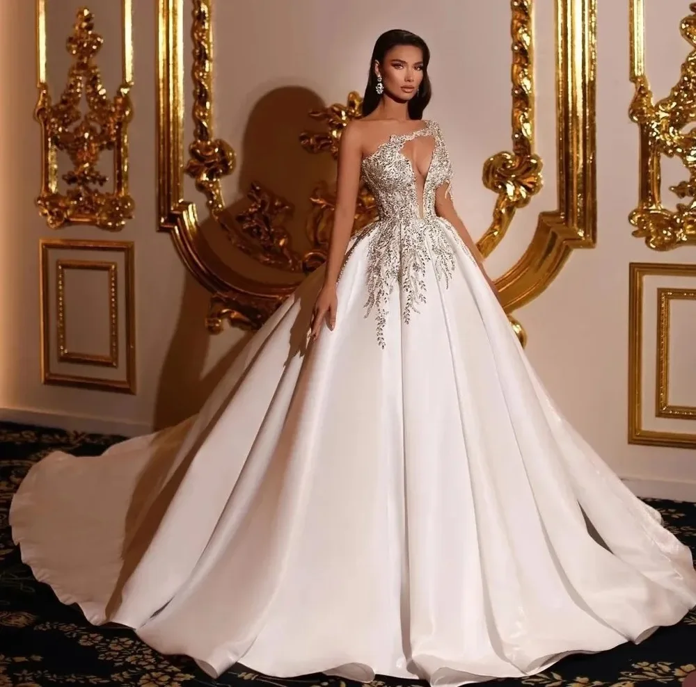 

Customzied Arabic Ivory Single Shoulder Satin Wedding Dress A-line Lace Beaded Crystal Bridal Dress Plus Size vestidos de novia
