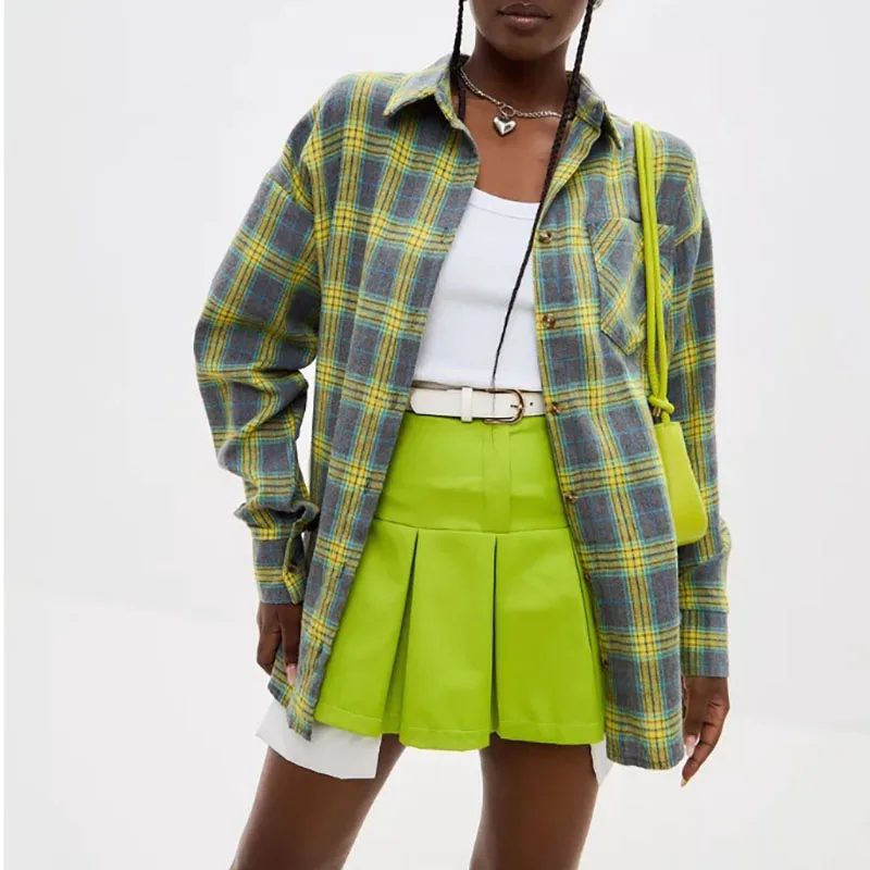 エレガントな女性用長袖ラペル通勤シャツ、レジャーポケット付きチェック柄プリントレディースブラウス、新作秋シングルブレストレトロコート