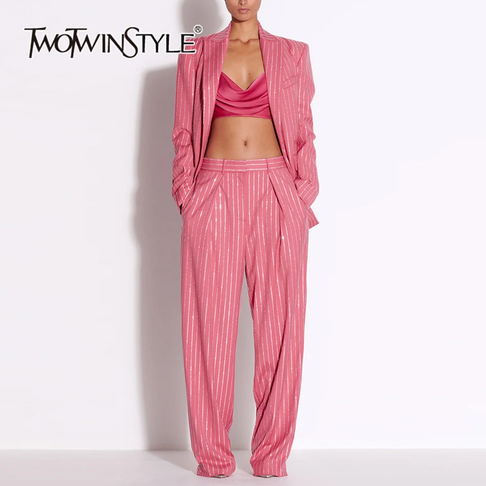 

TWOTWINSTYLE Formal Striped Two Piece Set For Women Notched Collar Top High Waist Wide Leg Pant Elegant Sets Female KSE508426