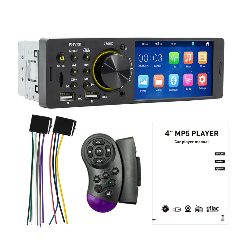 Touch Screen Car Radio, MP5 Player, Bluetooth, Hands Free, Audio, USB, TF, 7 Colors Lighting, Stereo System, Head Unit, 7805C