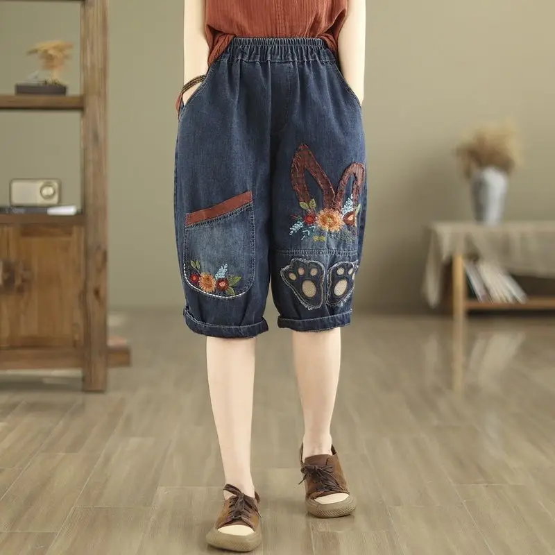 الرجعية المرقعة المطرزة الجينز خمس دقائق الدنيم الحريم جديد الصيف فضفاض منتصف طول السراويل #3