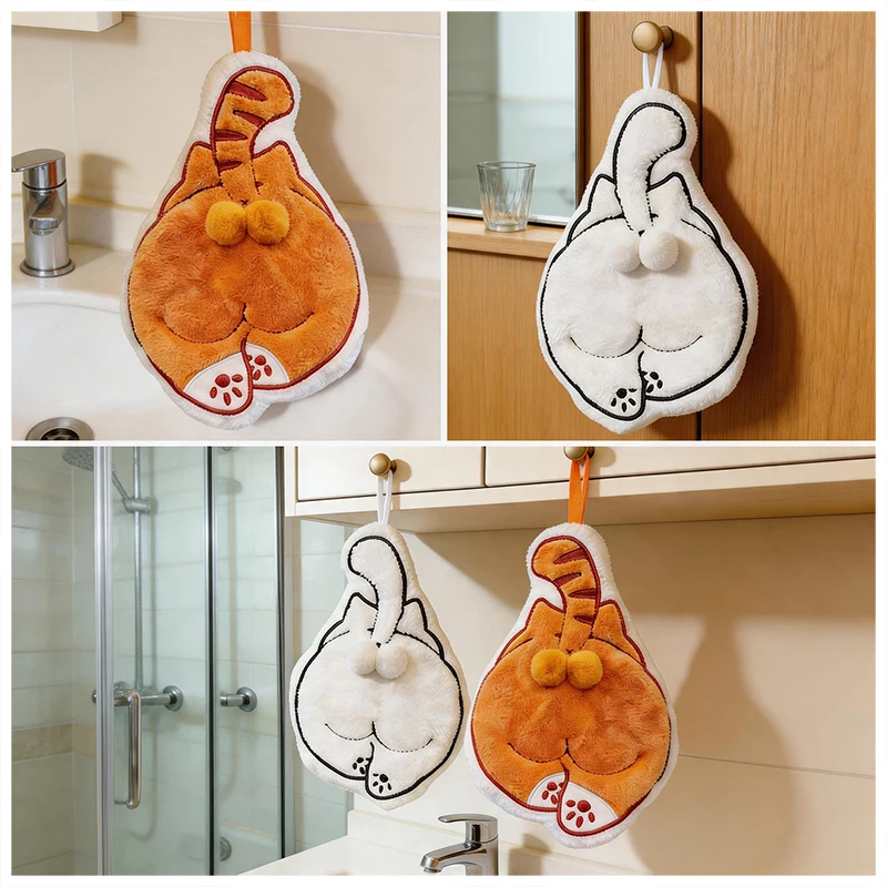 5PCS Kitchen Hanging Cat Printing Hand Towel Quick Absorbing Dry Household Cleaning Cloth Thicken Novelty Cute Home Clean Tools