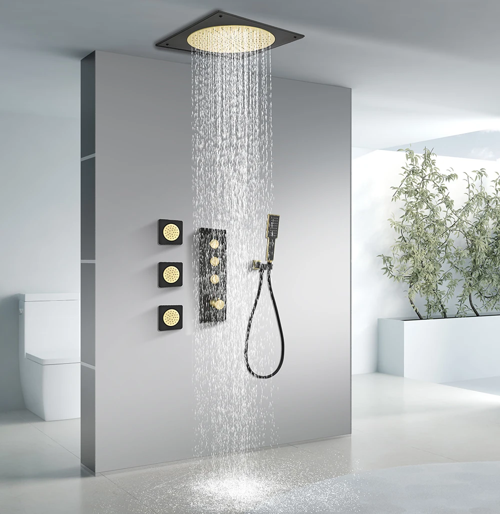 Embedded Concealed Shower Set with Four Functions, Waterfall Outlet, Three Side Showers, and Adjustable Rod black