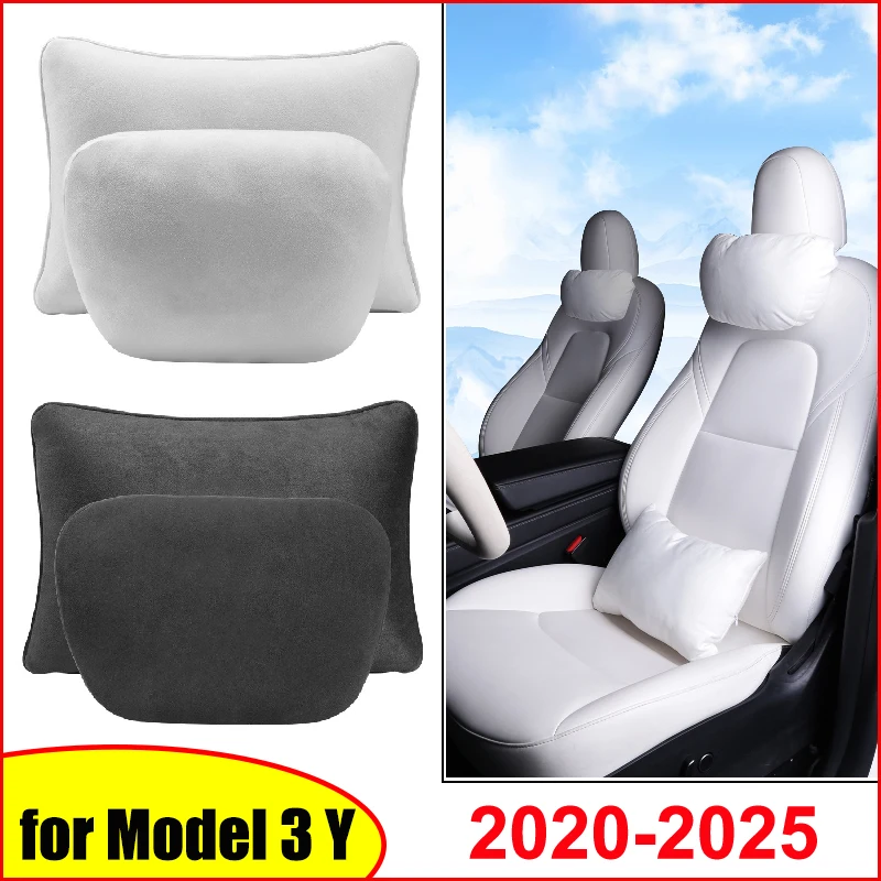 

For Tesla Model 3 Y Juniper 2025-2020 Car Neck Pillow Cushion Protective Lumbar Back Support Flocking Soft Headrest Accessories