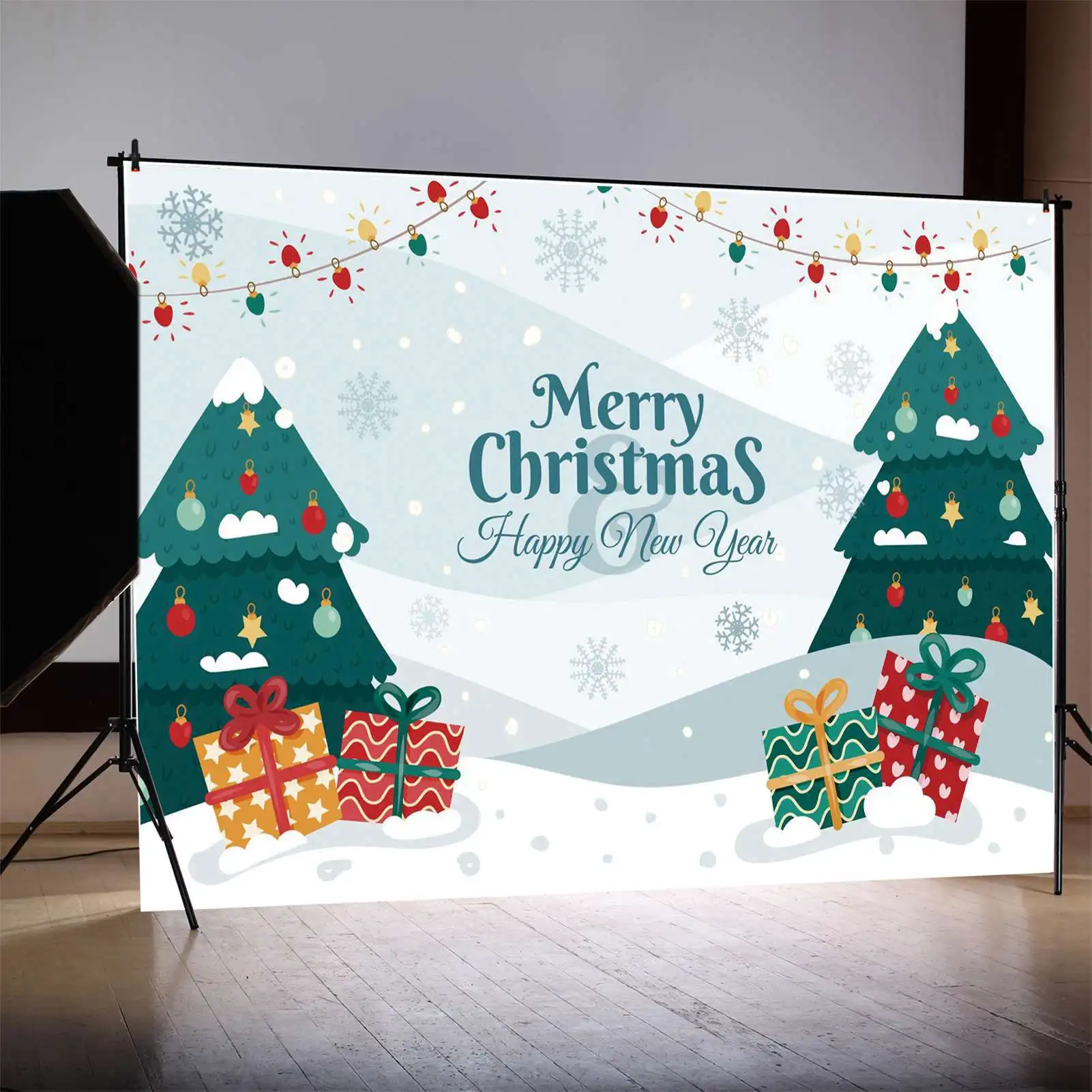 MOON.QG Backdrop Snow Merry Christmas Banner Snowflake Mountain Party Props Background Gift Star Lights Decoration Photo Booth