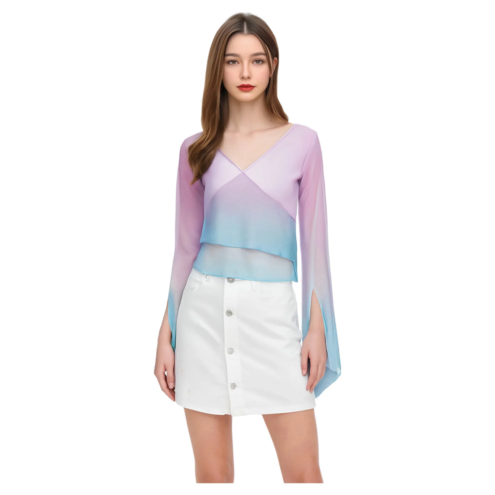 

Fashionable Gradient Tops Women Classical Dance Wrap Tops Spilt Flare Sleeves Sheer Mesh Crop Top Warm-up Casual Daily Costume