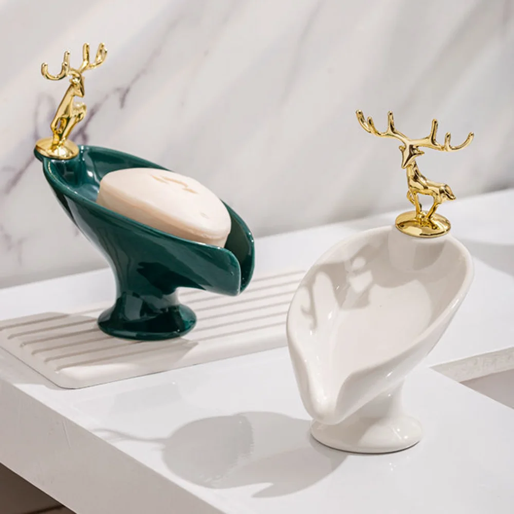 Luxury Ceramics Soap Dish Deer Head Leaf Shape Soap Holder Bathroom Accessories Toilet Drain Soap Rack Tray Storage Box