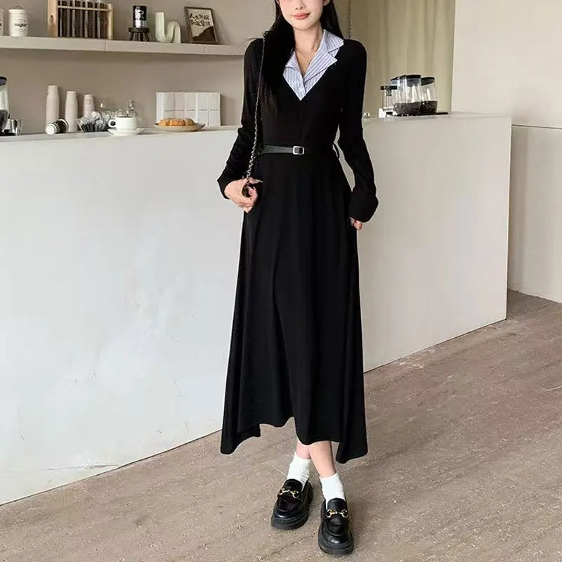 French Style Aura Midi Dress Spring Autumn New Fake Two Pieces Female Clothing Polo-Neck Patchwork A-Line Stylish Sashes Dresses