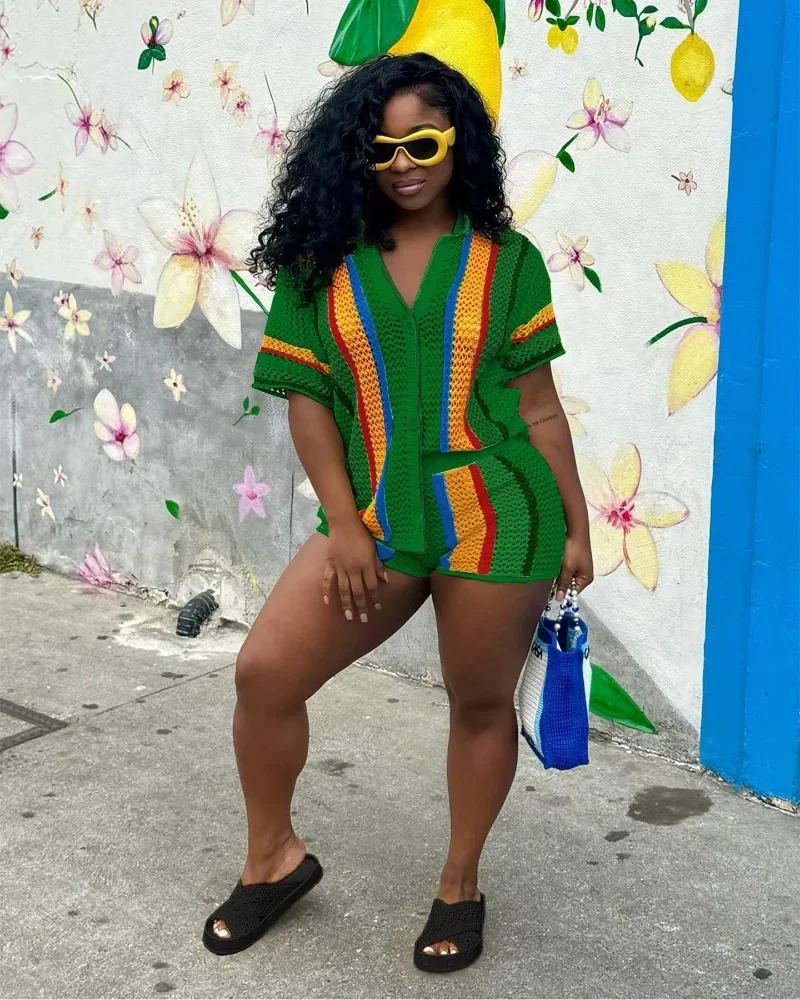 

Женский модный цветной лоскутный вязаный комплект из 2 предметов, однобортный кардиган с короткими рукавами, топы + шорты, бикини, накидка