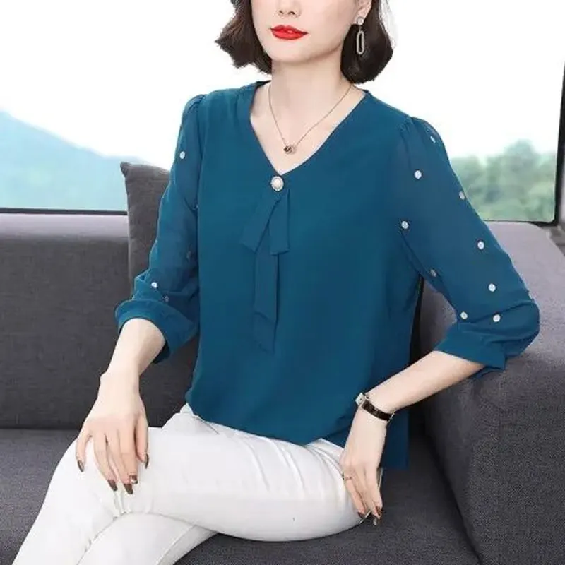 Spring Summer New Casual V-Neck Shirt 3/4 Sleeve Stylish Bow Three-dimensional Decoration Female Commute Polka Dot Korean Blouse