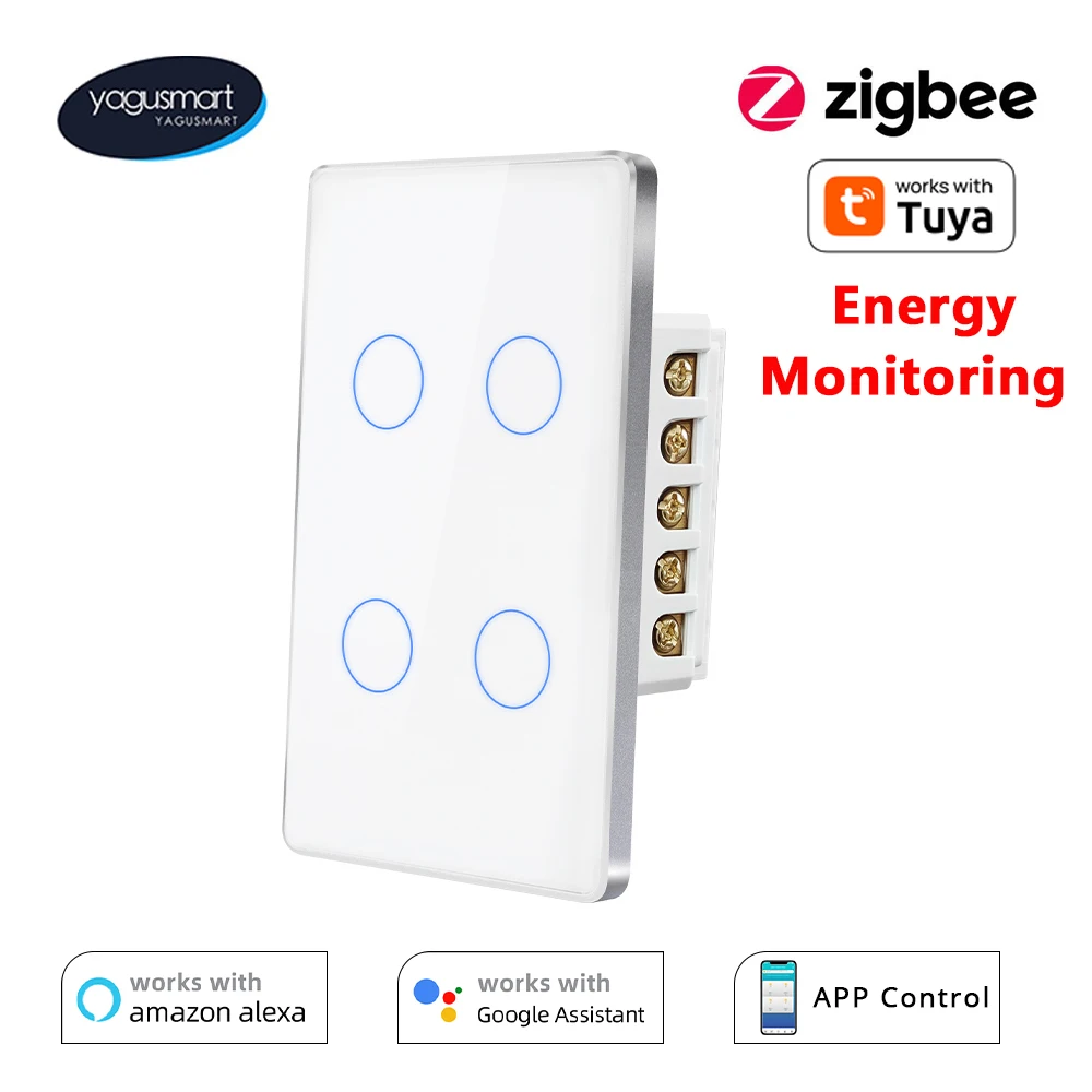 Yagusmart Zigbee Smart Switch z monitorowaniem energii Włącznik ścienny Współpracuje z aplikacją Tuya Alexa Google Home 4-gniazdowy przełącznik dotykowy
