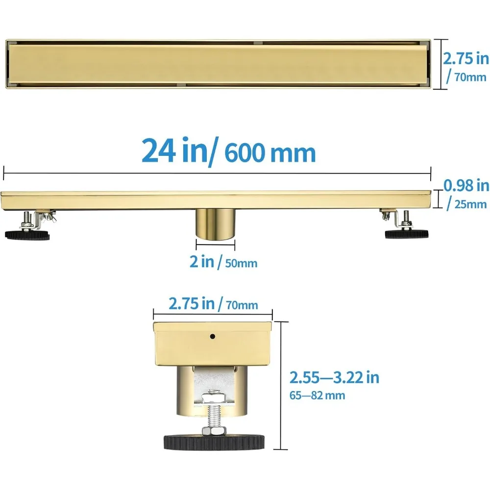 24 تصريف دش من الفولاذ المقاوم للصدأ باللون الذهبي المصقول مع حشوة للبلاط، صائد الشعر، تصريف أرضي مستطيل للتصميم الخطي #2