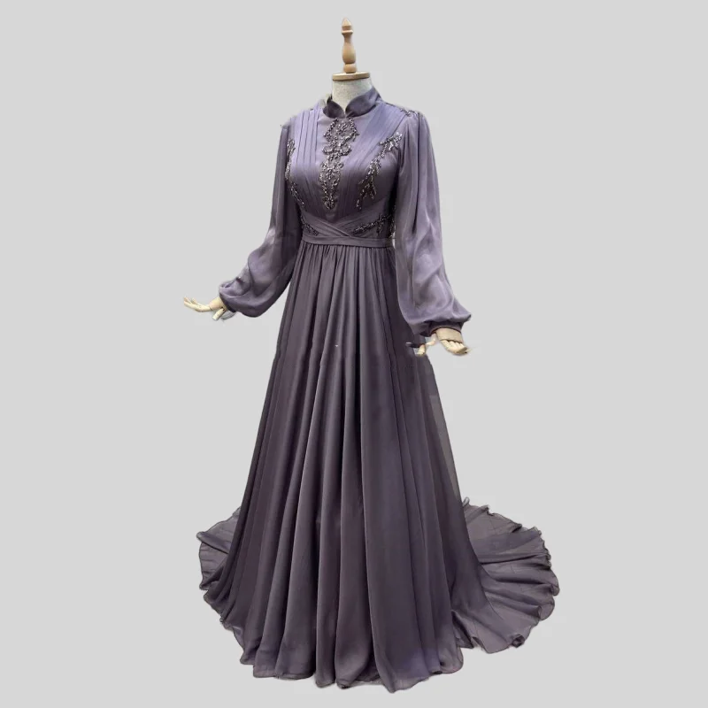 Purpl Moroccan Kaftan Muslim Evening Dresses A-line Long Sleeves Chiffon Bead Dubai Arabic Abaya Islamic Evening Gown Customized