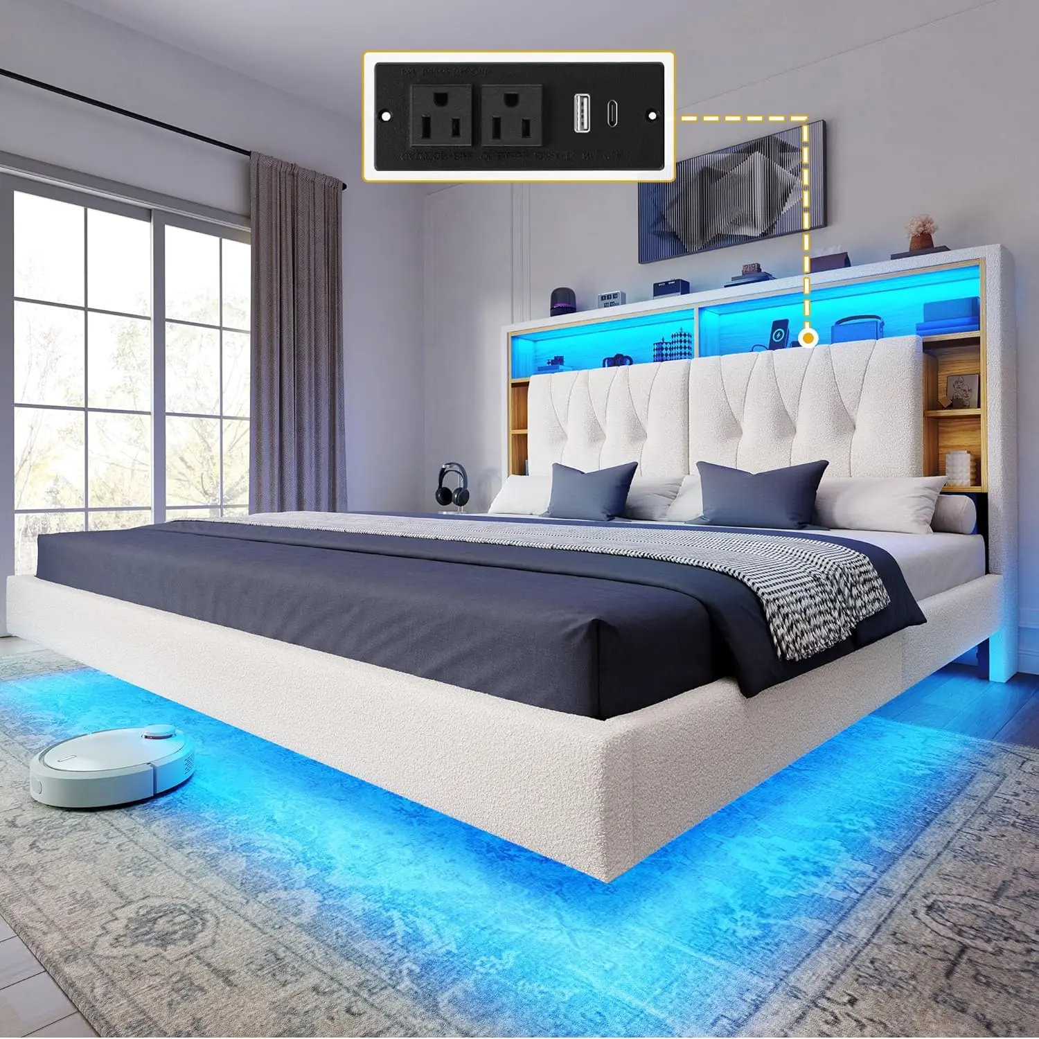 

Extra Large Floating Bed Frame with Bookshelf Storage Headboard, RGB LED Light Bed, Charging Station, Soft Cushion