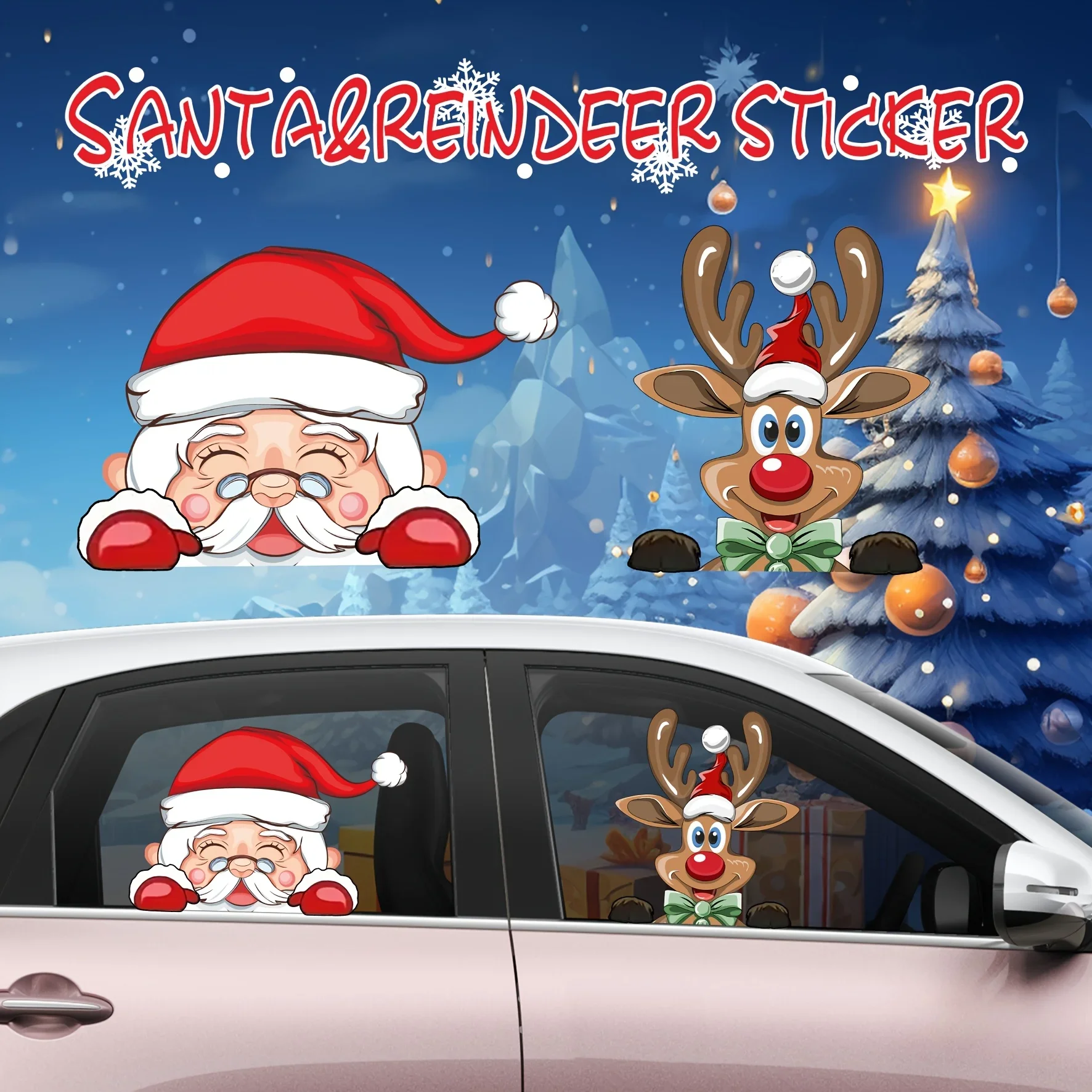 

2 шт. рождественских наклеек на автомобиль - виниловые наклейки с Санта-Клаусом и оленями, двусторонние, водонепроницаемые, для окон и кузова автомобиля