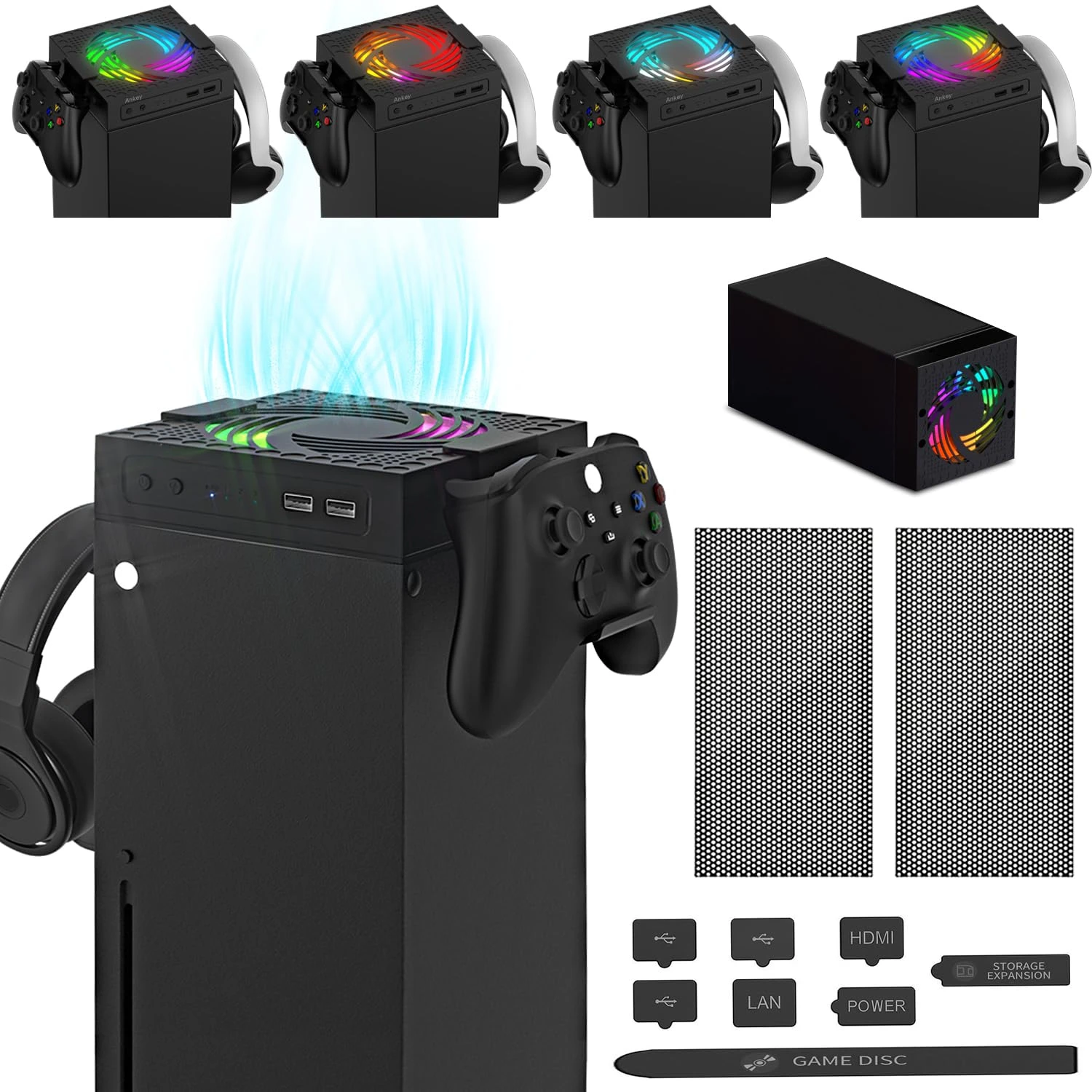 Aolion RGB Cooling Fan Host Dust Proof Cover Mesh Filter Jack Stopper Kit For Xbox Series X Game Console Handle Rack Accessories
