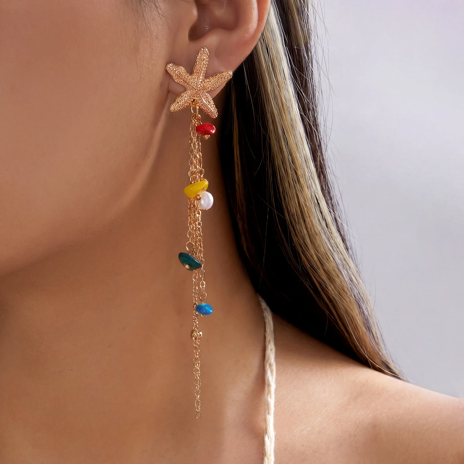 Böhmische Seestern-Muschel Lange Quasten-Ohrringe für Frauen Bunte Kiesel-Imitationsperlen Tropfen-Ohrringe Urlaub Party Schmuck – Detail 3