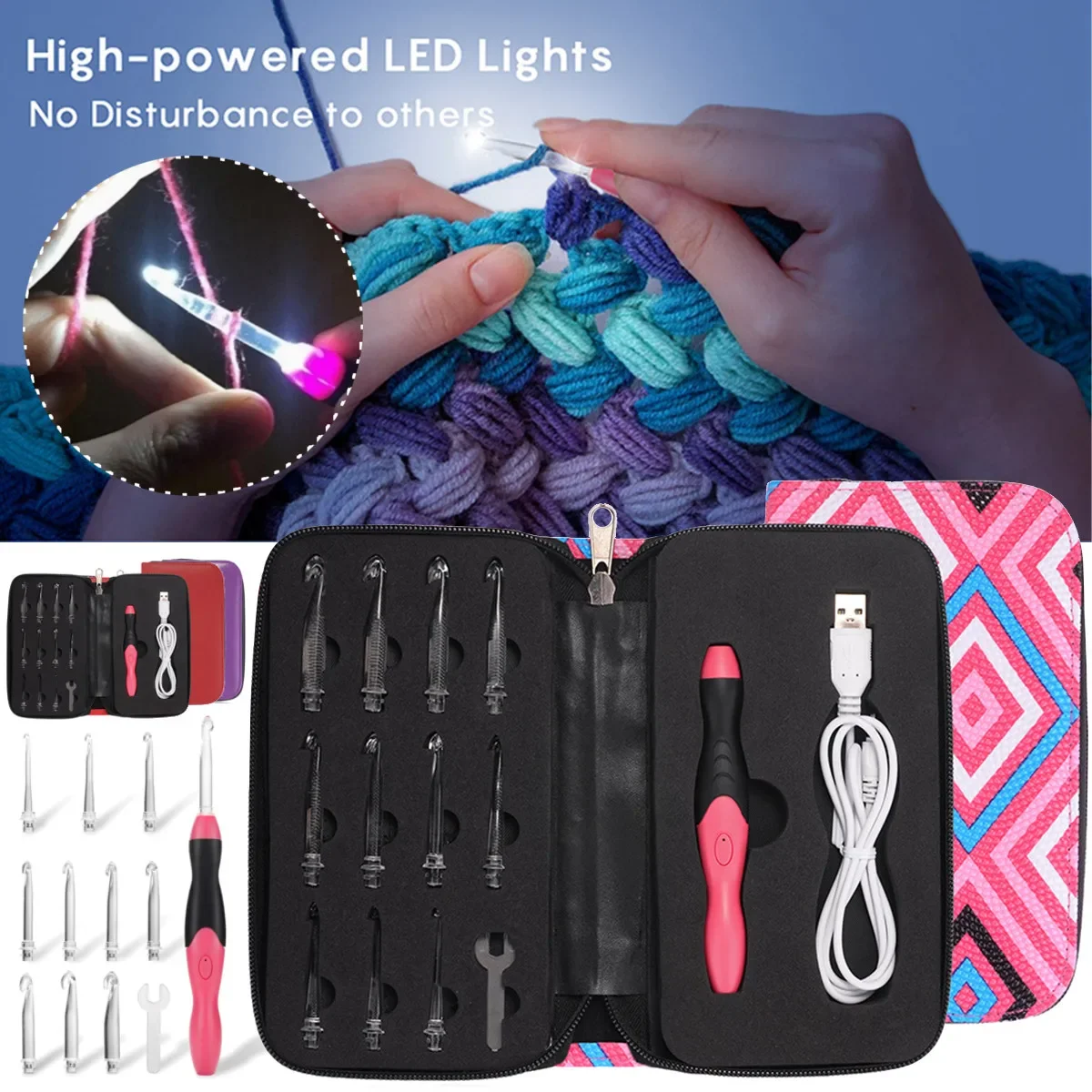 11 In 1 Useful USB LED Light Up Purple Crochet Hooks Knitting Needles Set Weave Tool Kit Sewing Accessories Sewing Tools