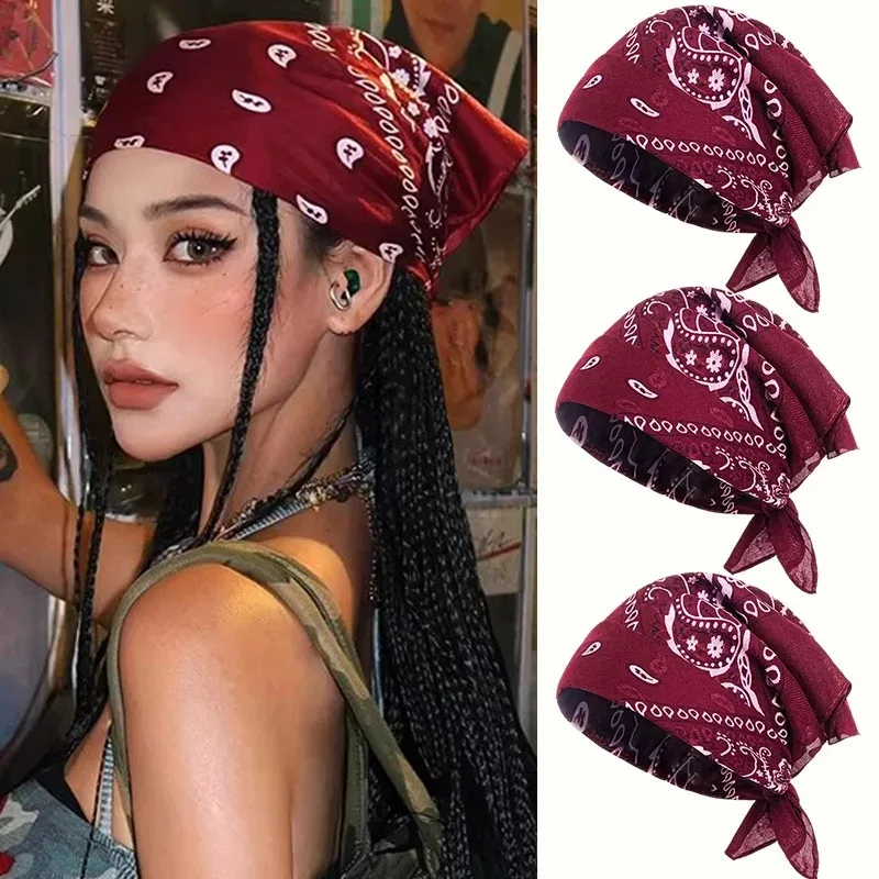 Vintage Y2K Wine Red Cashew Flower Printed Scarf Fashion Hip Hop Small Square Bandana Hairscarf for Women Men Hair Accessoires