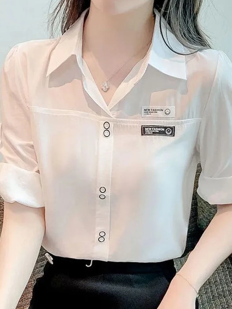 Polo-Neck Solid Color Commuter Women Shirt 2022 Summer Three Quarter Sleeve Fashion Chic Button Elegant Blouses Female Clothing