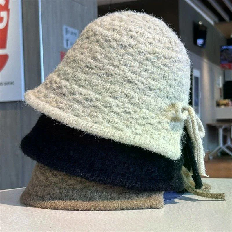 2026 neue Wolle Gestrickte Mode Hut Für Frauen Einfarbig Winter Eimer Hut Für Winter Wärme Mit Bogen Woolen Becken Hut