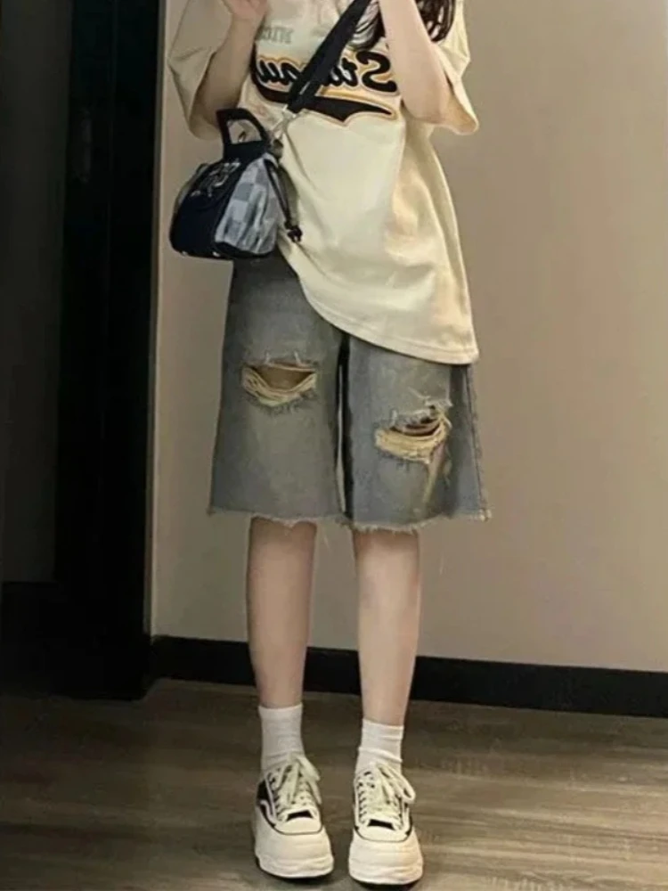 

Рваные джинсовые шорты женские, повседневные, в стиле ретро, прямые, классические, в стиле ампир, модные, с дырками, эстетичные, простые, в американском стиле