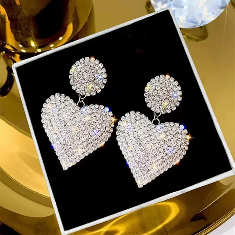 Heart Earrings  Women's Luxurious Geometric Full Rhinestone Earrings Korean Gold Color Love 2023 Fashion Jewelry Accessories