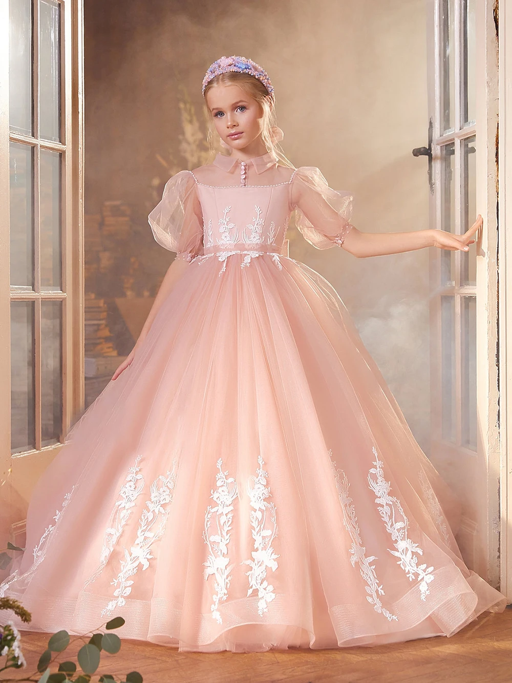 Mvozein – robe de princesse rose bouffante à fleurs pour fille, tenue de concours pour enfants, tenue formelle de mariage avec perles de dentelle