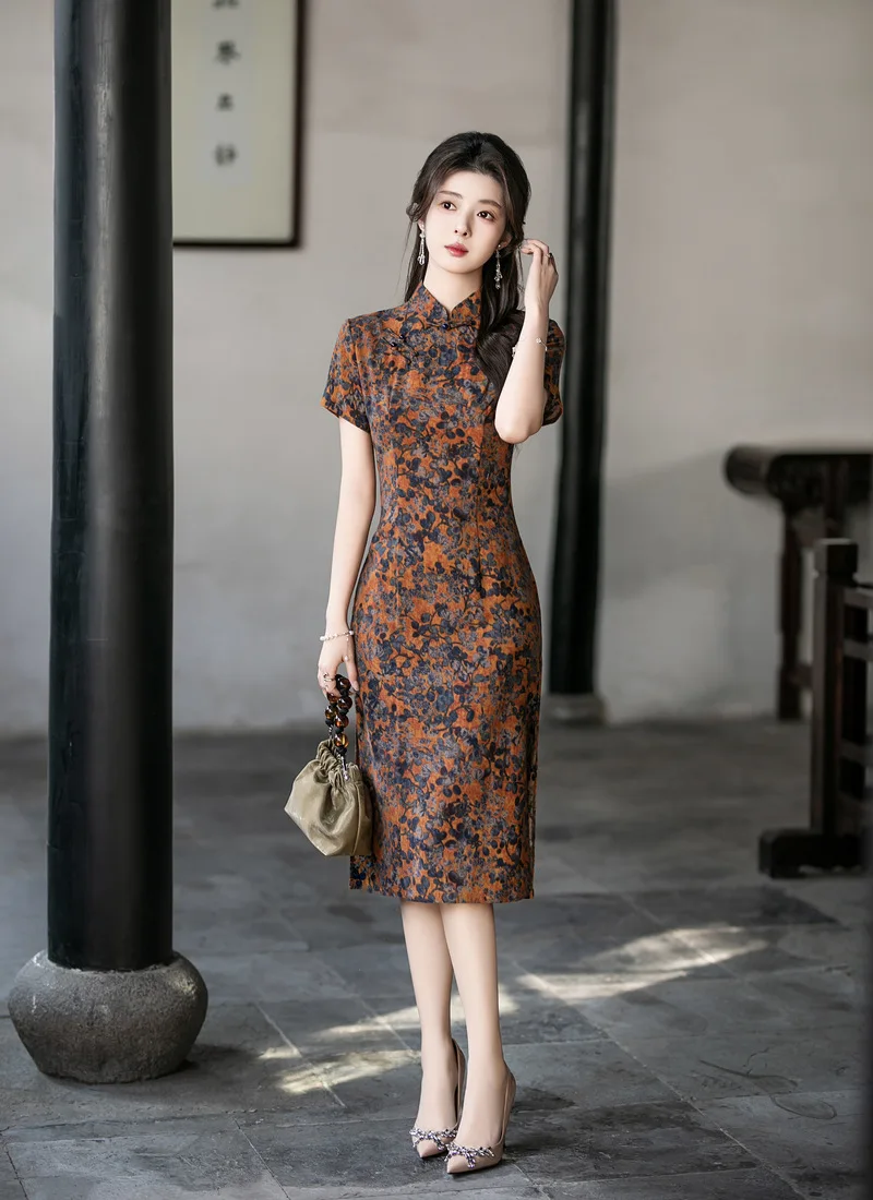 

Платье-ципао в китайском стиле до колен, винтажное, с цветочным принтом, чонсам, для молодых женщин, вечернее, летнее, повседневное, вестидо