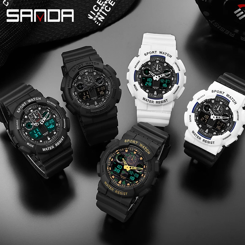 SANDA Outdoor Sports Mens Watches 2023 New Luminous LED Display Multifunction Chronograph 50M Waterproof Men Quartz Watch Reloj