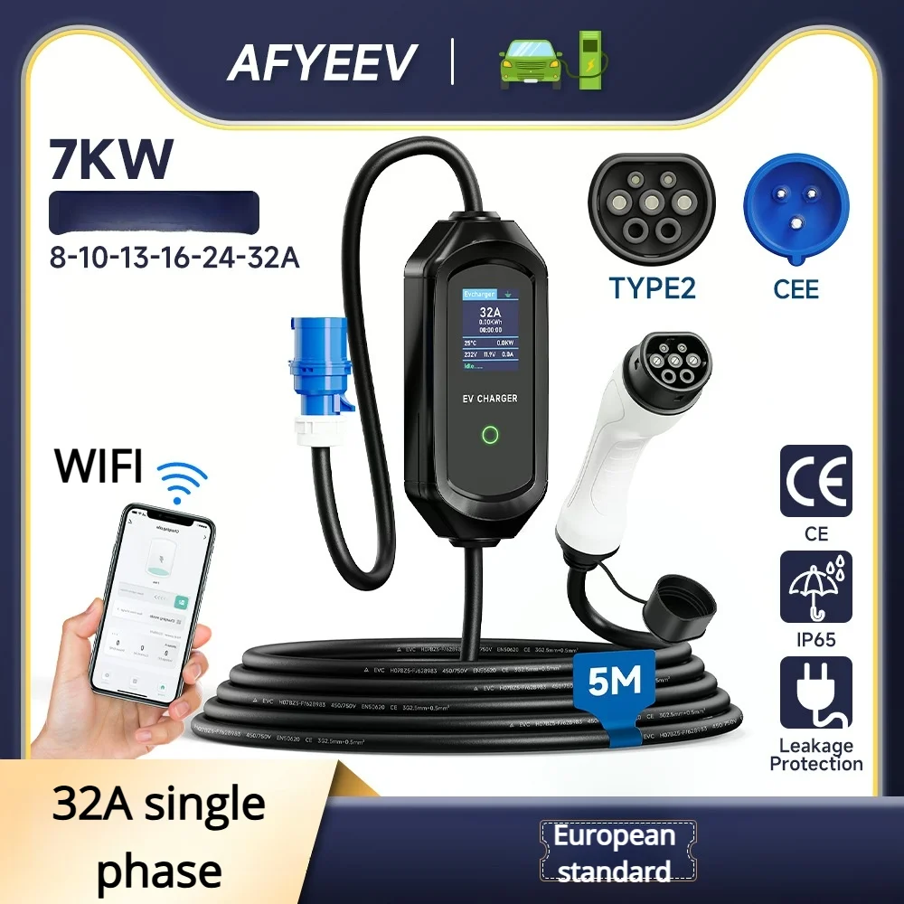 

Новое портативное зарядное устройство для электромобилей европейского стандарта типа 2, | ЖК-дисплей с регулируемым током 7 кВт, 10–32 А для домашнего использования и путешествий