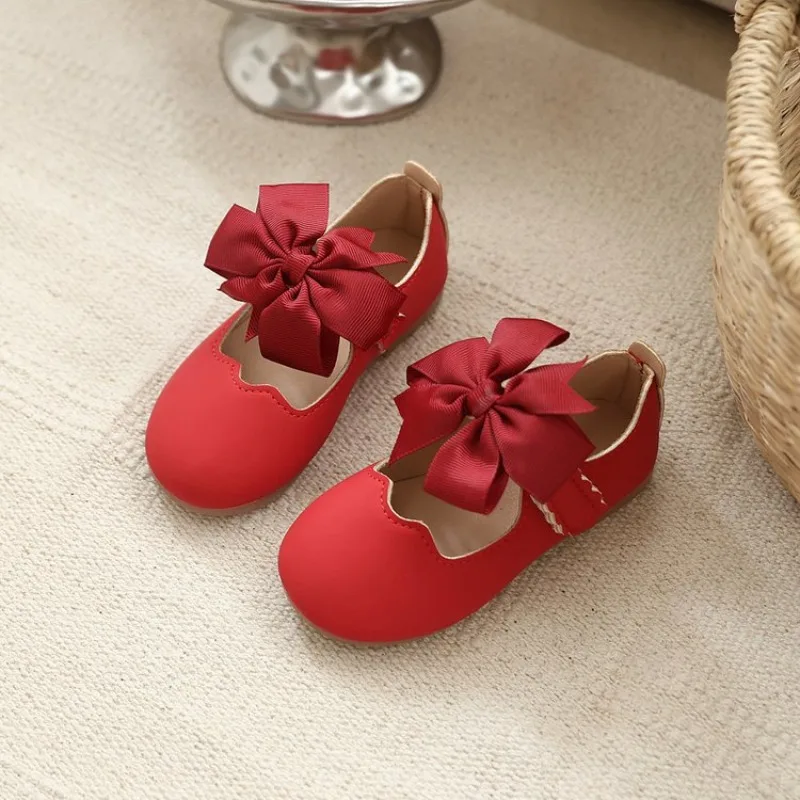 Girls Mary Jane Shoes Children Solid Color Bow Round-toe Bow 2026 New Kids Fashion Soft Moccasin Shoes Baby First Walker Shoes