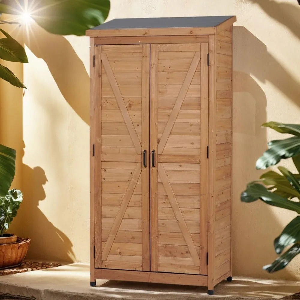 Outdoor Storage Cabinet Wooden Garden Tools Shed with 2 Lockable Doors 3 Adjustable Shelves Tall Vertical Tool Cabinet