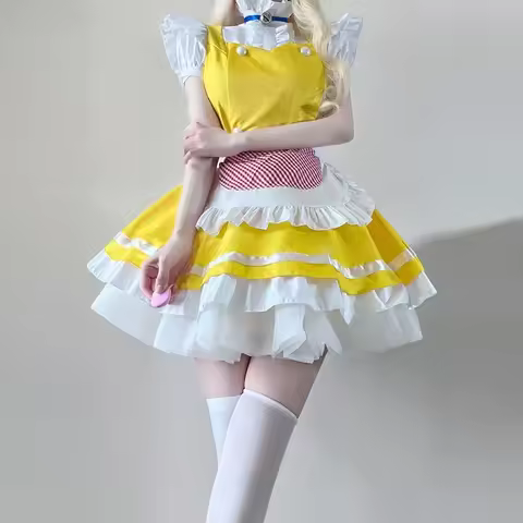 Lolita Yellow Maid Anime Cosplay Costumes Japanese Kawaii Love Live Cosplay Waitress Apron Maids Outfit Halloween Party Dress