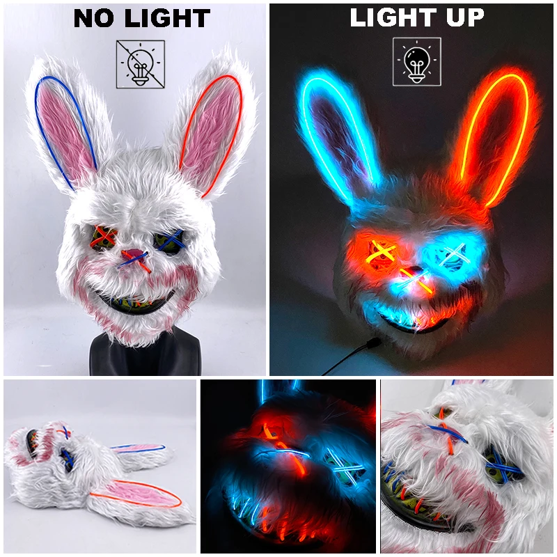 LED Bloody Rabbit Mask Horror Dance Masquerade Cosplay Decoration Cool Glowing Killer Rabbit Mask Scary Bloody Bear Mask For Men