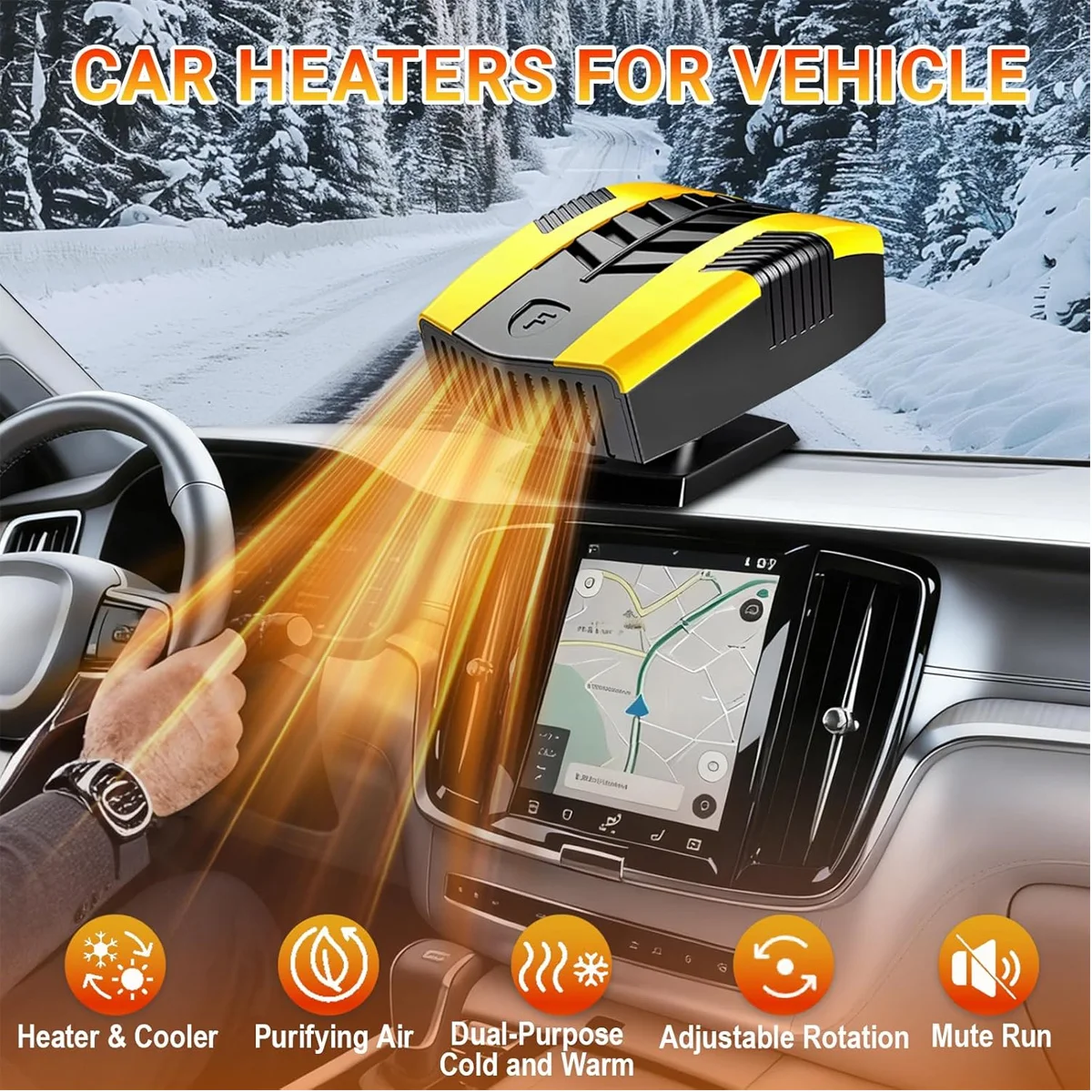 2‑in‑1 Car Heater and Cooling Fan, 12V Fast Heating Portable Windshield Defroster Defogger, 360 Degree Rotation Quiet Car Heater