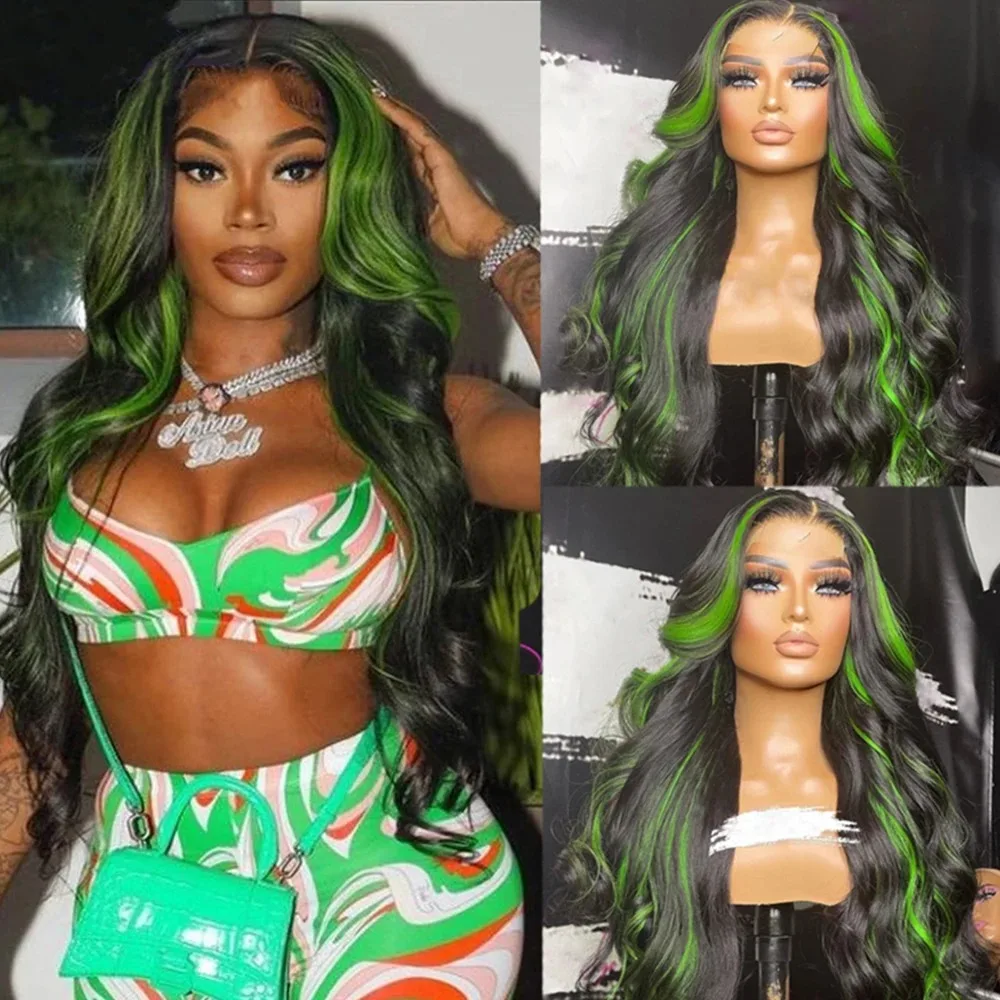 13x4 Ombre Black And Green Body Wave Lace Frontal Wig Highlight Wig Glueless Synthetic Lace Front Wig Pre Plucked Cosplay