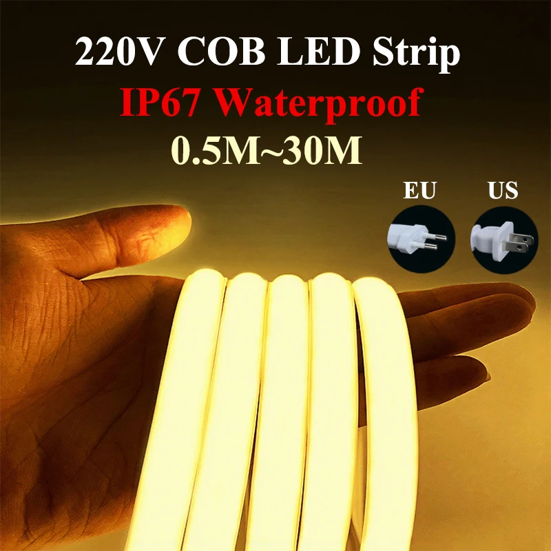 COB LED Light Strip AC 220V LED Strip Light IP67 Waterproof Outdoor LED Light Strip 0.5M-30M 360 LEDs/M Decor For Room With Plug