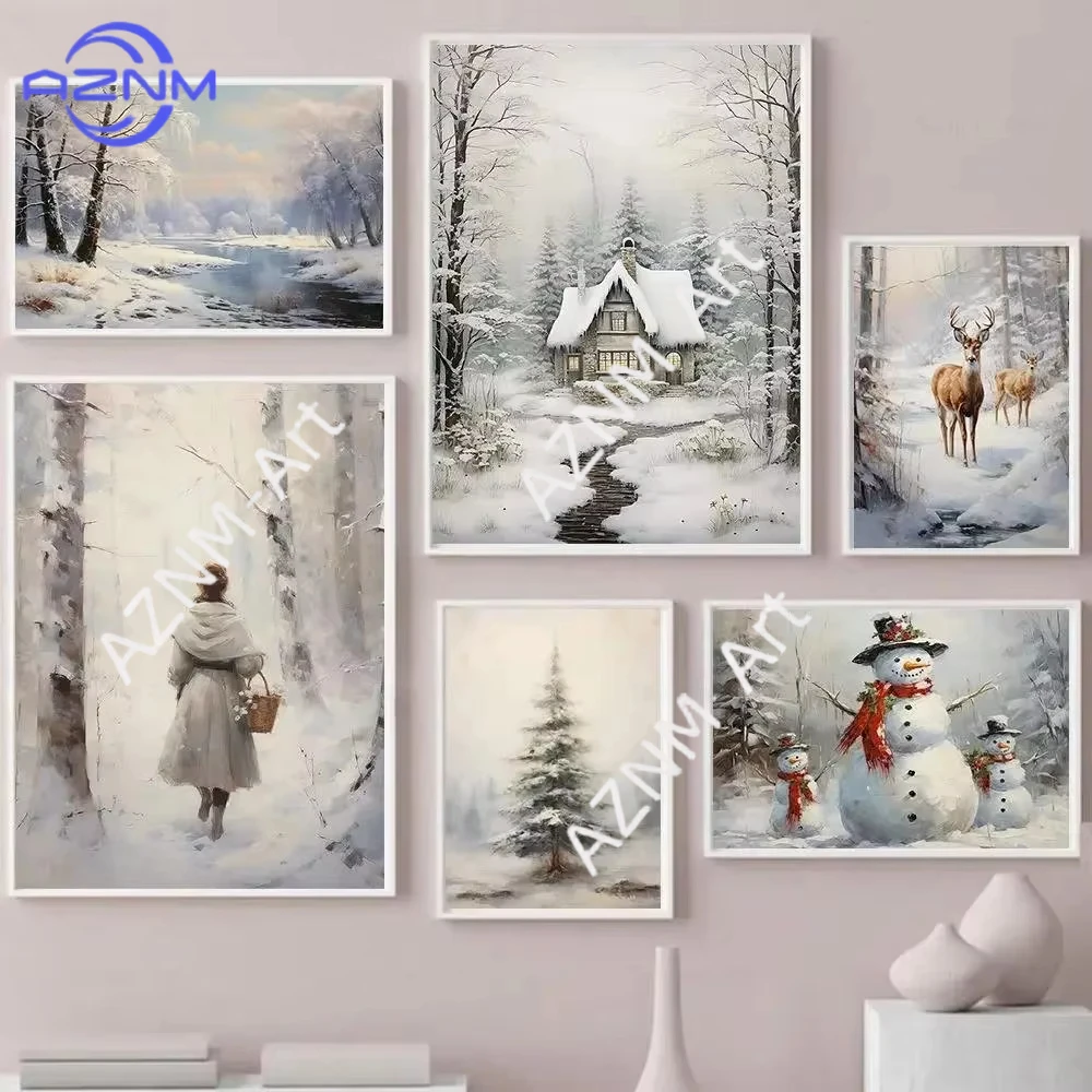 1 Stück/6 Stück Moderne Minimalistische Farmhaus Elch Schneemann Leinwand Wandkunst Feiertagsstimmung Poster für Schlafzimmer Wohnzimmer Dekoration