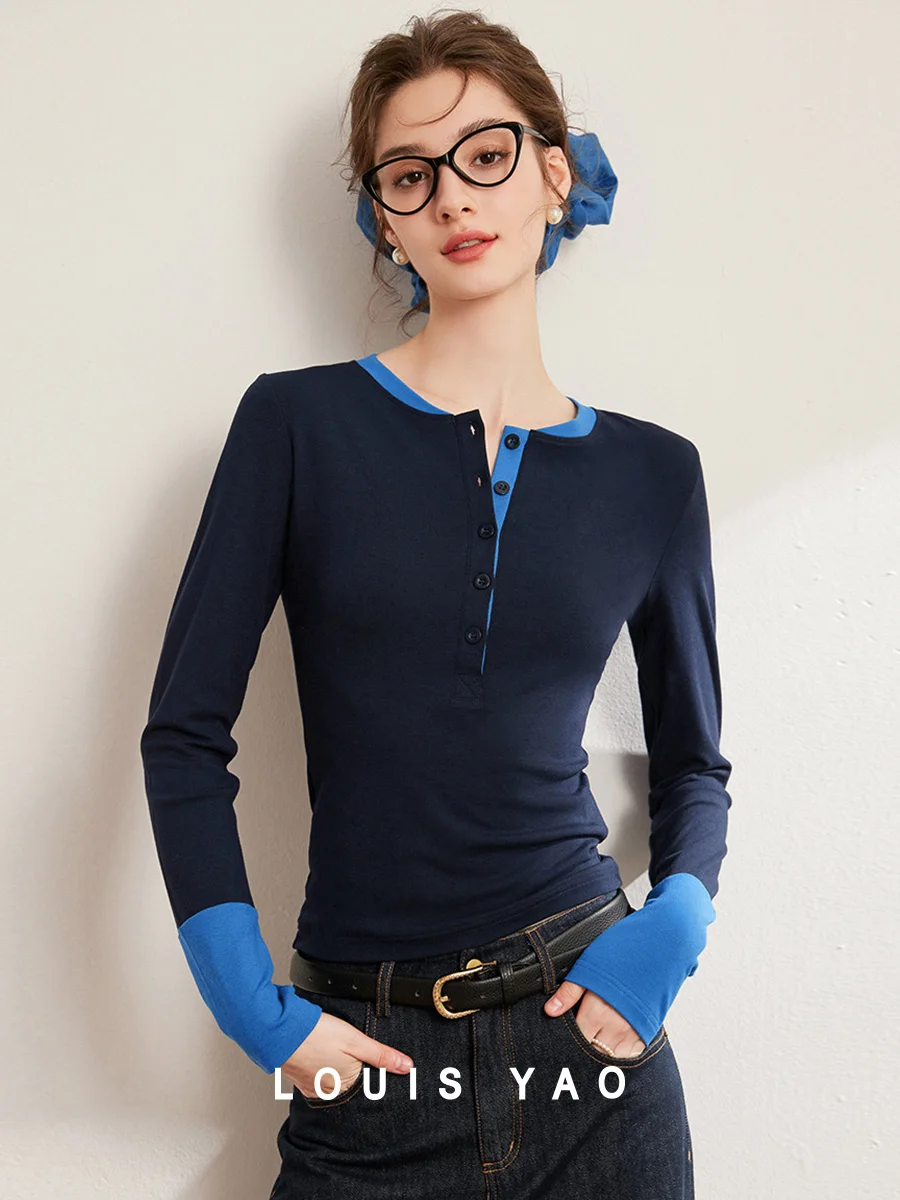 LOUIS YAO 2025 Spring Color Contrasting Splicing Half Open Placket Round Neck Long Sleeve Micro Elastic Slimming Women's T-shirt