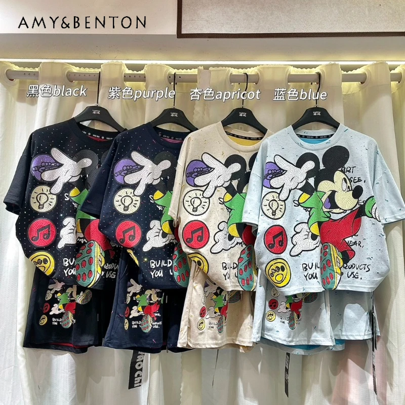 

Sweet Design Rhinestone Y2k Tees Women's Tshirt Suit 2026 New Popular Model Round-neck Top T-shirt And Casual Shorts 2-piece Set