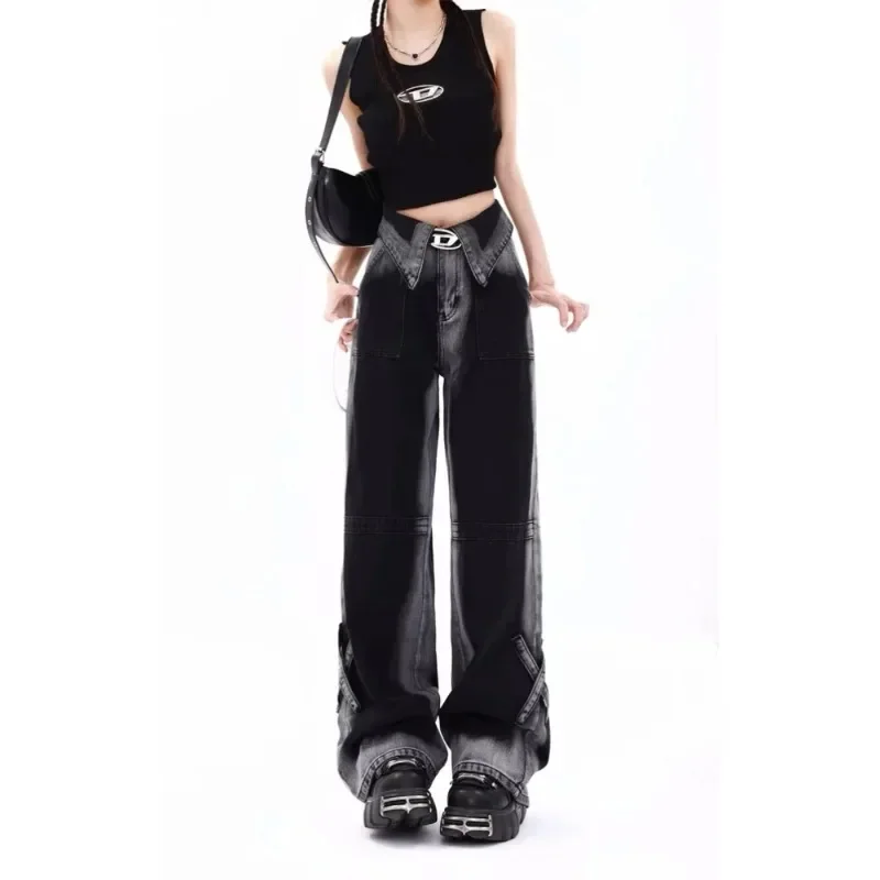 Black Gray Jeans Women Gradient Flanging Denim Wide-Leg Pants Women Autumn 2024 New Plus size Slimming Straight Mop Long Pants