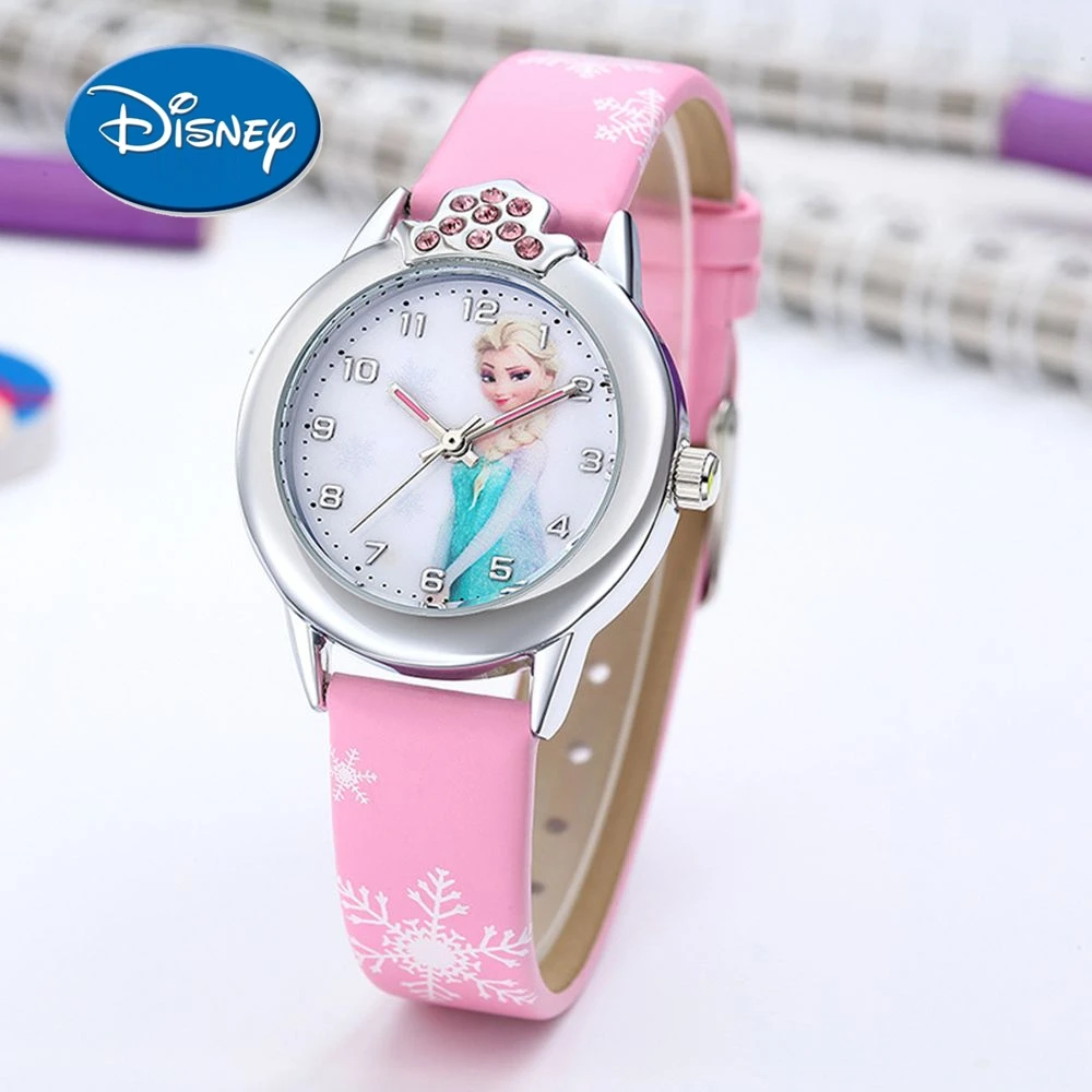 Disney Frozen Elisa Cartoon Kinderuhr, süßes Lederarmband-Uhrenset mit Diamant-Zifferblatt, geeignet für Mädchen-Quarzuhr