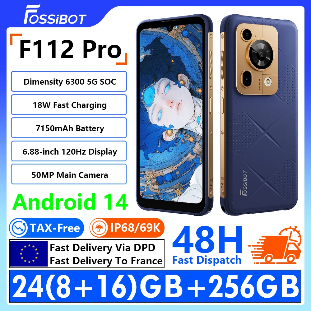 [Enviado desde Francia] Teléfono Resistente FOSSIBOT F112 Pro 5G, MTK Dimensity 6300 5G, Pantalla FHD+ de 6.88" y 120Hz, 24(8+16)GB+256GB, Batería de 71500mAh, Carga Rápida de 18W, Android 14, Cámara de 50MP+16MP, NFC, OTG