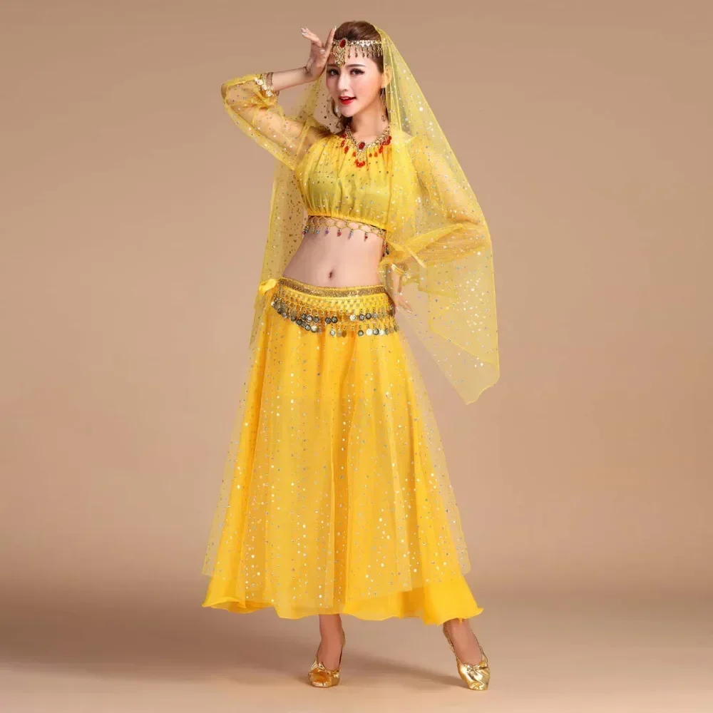 Conjuntos de trajes de dança indiana de luxo, vestido de performance de palco, conjunto de traje de dança do ventre oriental para mulheres, trajes de dança oriental