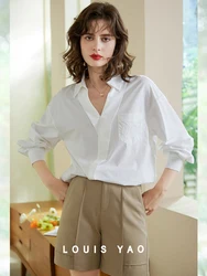 LOUIS YAO Women Shirt 2024 Spring Summer Casual Basic Blouses V Neck Long Sleeve Embroidery Loose Fit Office Lady Top