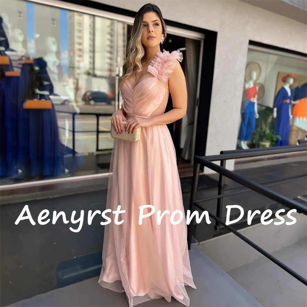 Aenyrst Elegant Pink Spaghetti Strap Ruffles A Line Prom Dresses Tulle Backless Evening Gowns Floor Length Birthday Party Dress