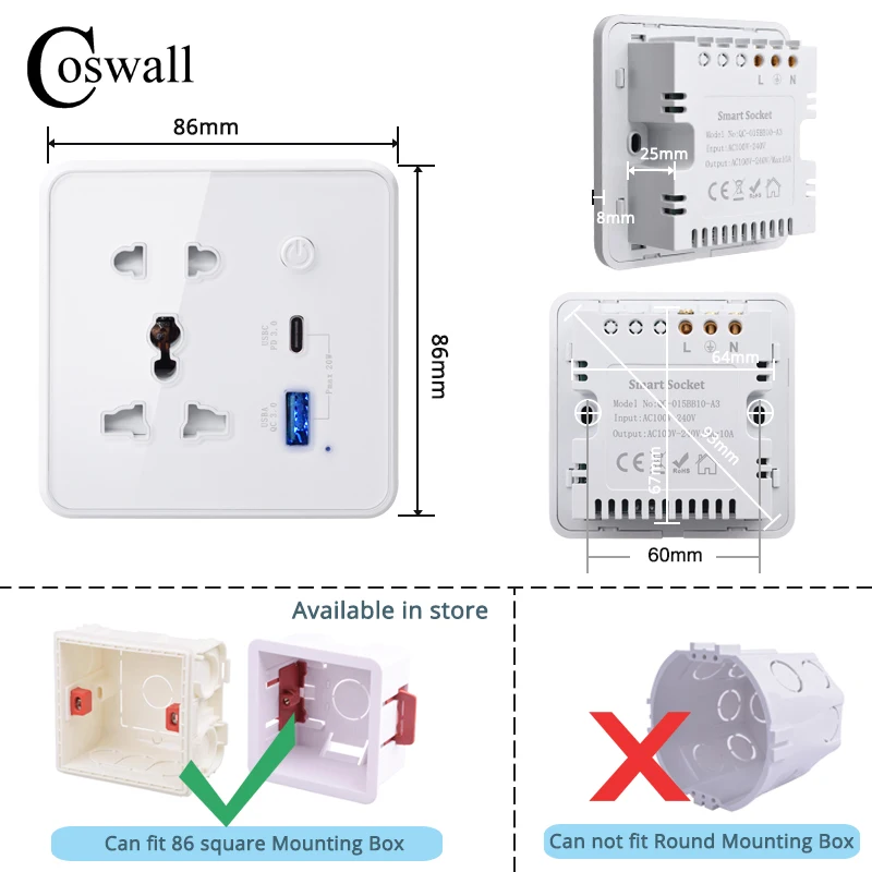 Coswall Tuya Universal Socket+Daul USB 20W Type-C Fast Charger QC 3.0 DC 5V/9V/12V Output With Physical key Main Switch