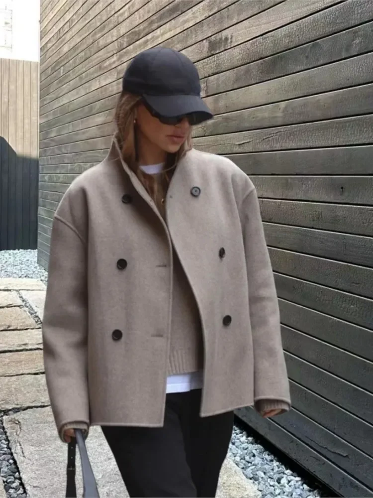 

V-Neck Woolen Coat Commute Mid-Length Suit Overcoat Stand Collar French Double Breasted Outwear Women's Clothing Spring Autumn