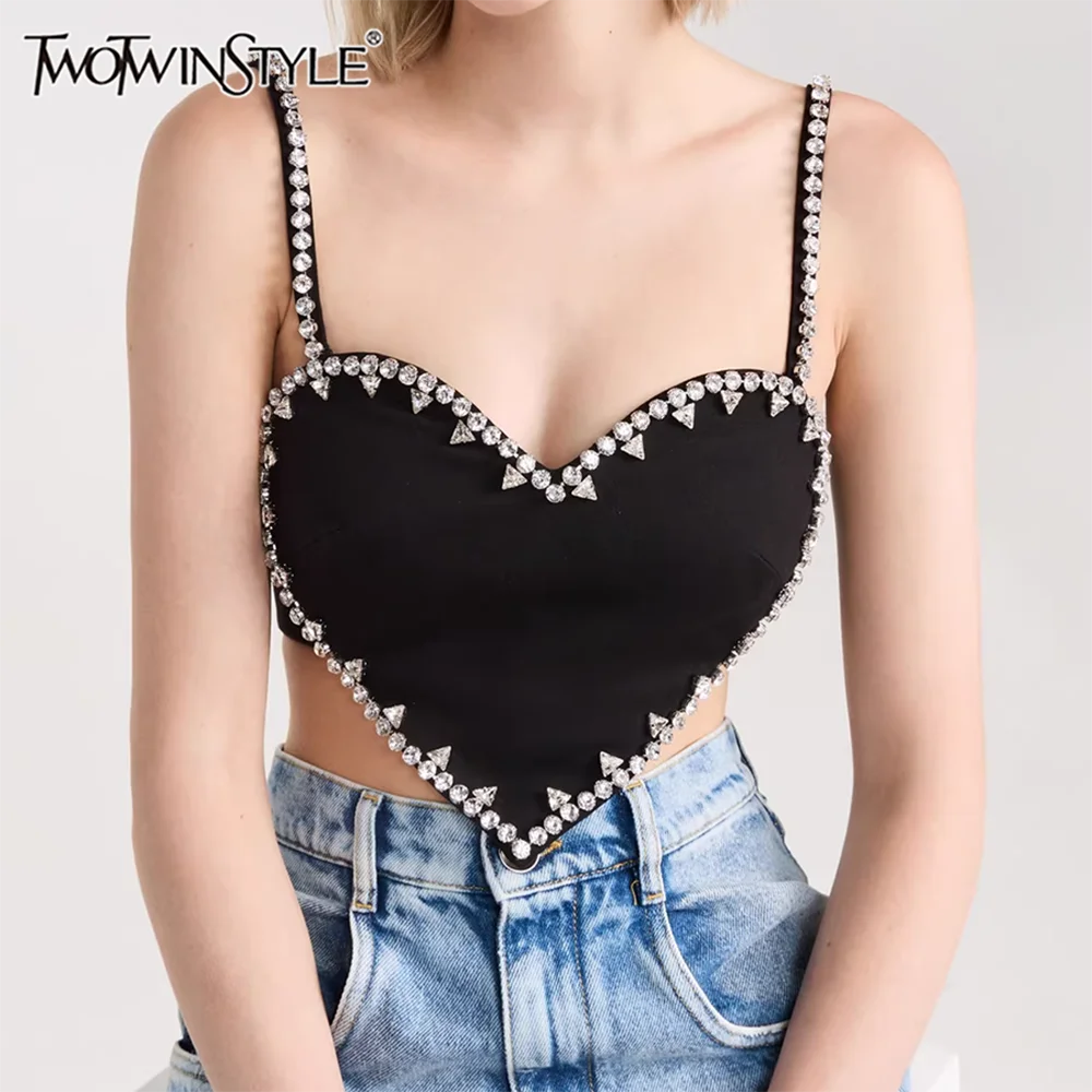 

TWOTWINSTYLE Solid Spliced Diamonds Slimming Sexy Vest For Women Square Neck Sleeveless Chic Minimalist Tank Tops Female Fashion